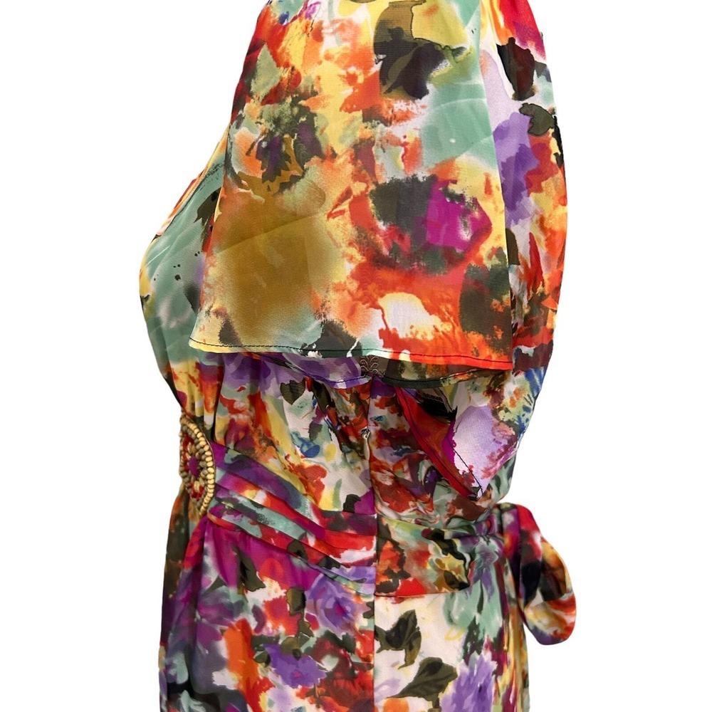 Ice Dress Womens 12 Green Red Floral Beaded Fit & Flare Flutter Side Zipper - Picture 7 of 14